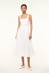 White sleeveless midi dress with flared pleated skirt and square neckline