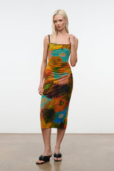 Sleeveless fitted midi dress with multicolor floral tie-dye print, lace-trim scoop neckline