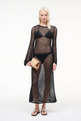 Black mesh maxi dress with long sleeves and V-waist cutout, full length