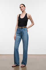 Black sleeveless tank top with scoop neckline, draped front