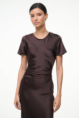 Marcel silk dress close-up, short sleeves, crew neck, ruched waist, dark brown midi
