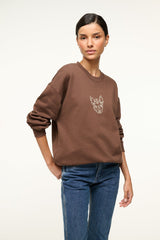 Brown oversized crewneck sweatshirt with dog graphic front, long sleeves