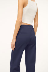 Navy high-waist wide-leg trousers with tailored front and zip fly