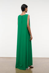 Green sleeveless maxi silk dress, low back and straight hem