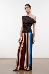 Silk pants with vertical stripes in dark brown, burgundy, cream, and blue side stripe