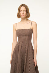 Dark brown micro-striped spaghetti-strap dress with fitted bodice