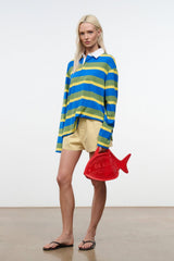 Striped shirt with white collar and blue green yellow horizontal stripes
