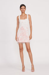 Ivory mini sundress with pink floral toile print, sleeveless square neckline, tassel hem