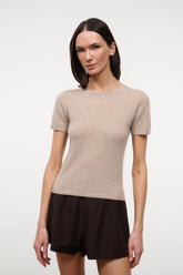 Stone beige cashmere tee with crew neck and short sleeves, front view