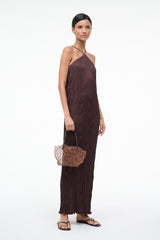 Multi-color beaded bucket bag with top handle and woven mesh body