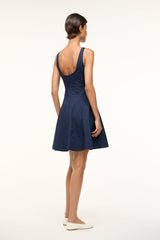 Navy sleeveless skater dress, scoop back, flared gathered skirt