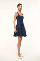 Navy sleeveless skater dress with wide straps and flared skirt, side view