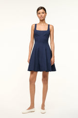 Navy sleeveless scoop-neck skater dress with fitted bodice and flared skirt, front view
