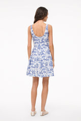 Blue toile mini dress back view with square back and spaghetti straps