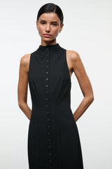 Black sleeveless high-neck dress with center button placket