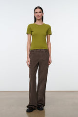 Cashmere crew-neck tee in pear green, short sleeves, full-length view