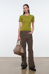 Cashmere crew-neck tee in pear green, short sleeves, side front view