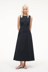 Black sleeveless midi dress with round neckline and gathered waist A-line skirt