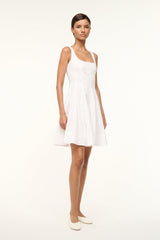White sleeveless mini dress with square neckline and A-line silhouette