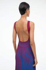 Open-back sleeveless maxi dress with thin straps and blue plus claret vertical stripes