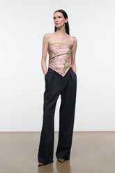 Silk scarf draped as strapless-style top, pink floral paisley print with green and gold details.