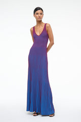 Sleeveless V-neck striped maxi dress with blue and claret vertical stripes