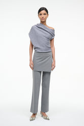 Heather-grey off-shoulder sweater in speckled knit with draped shoulder