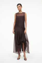 VIOLA dress dark brown, sleeveless with ruched knot waist and flowing asymmetrical skirt