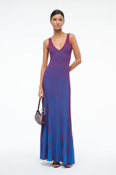 Sleeveless V-neck striped maxi dress in blue and claret vertical stripes