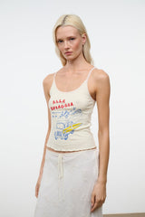 Cream sleeveless graphic camisole top with scoop neckline and thin straps