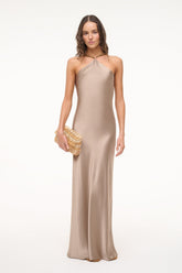 Dune satin maxi dress with halter neckline and thin spaghetti straps