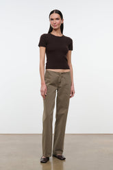 Greige straight-leg jeans with waistband button and zip fly