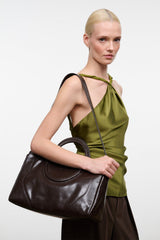 Espresso snake-print satchel with wide top handles, dark brown textured finish