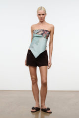 CECILE scarf bandeau with teal and multicolor print, V-shaped front drape