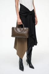 Maude mini satchel in truffle brown with top handles and structured shape
