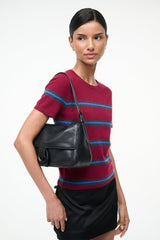 Black leather-look medium shoulder bag with flap front and adjustable strap