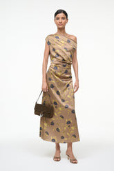 Silk midi dress with vintage floral print, wrapped waist detail and side drape
