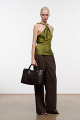Espresso snake-print satchel with short top handles and textured dark brown exterior