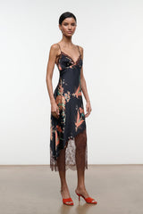 Black silk dress with floral tapestry print and lace hem, spaghetti straps, midi length