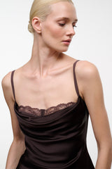 Dark brown silk cami with lace-trim bust and spaghetti straps