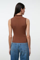 Brown sleeveless mock-neck knit top with ribbed texture, shown from the back