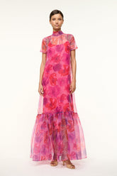 Calluna magenta painted floral maxi dress with high neck, short sleeves, tiered hem
