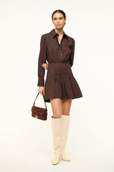 Dark brown mini dress with shirt collar, button front, long sleeves, gathered skirt