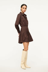 Dark brown mini dress with shirt collar and gathered skirt, side view