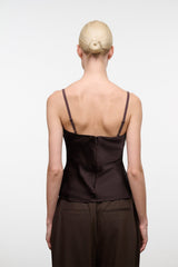 Back view: dark brown silk camisole with spaghetti straps and draped yoke