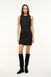 MERCER black sleeveless mini dress, straight shift cut and crew neckline