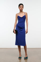 Midnight blue ruched midi dress with cowl neckline and thin spaghetti straps