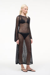 Black mesh maxi dress with long sleeves and V-panel detailing, side view