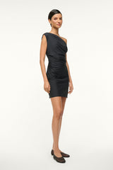 Black mini Phare dress with draped one-shoulder detail and fitted short skirt