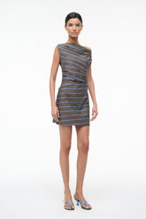 Fitted sleeveless one-shoulder mini dress with blue-gray and light-blue stripe pattern